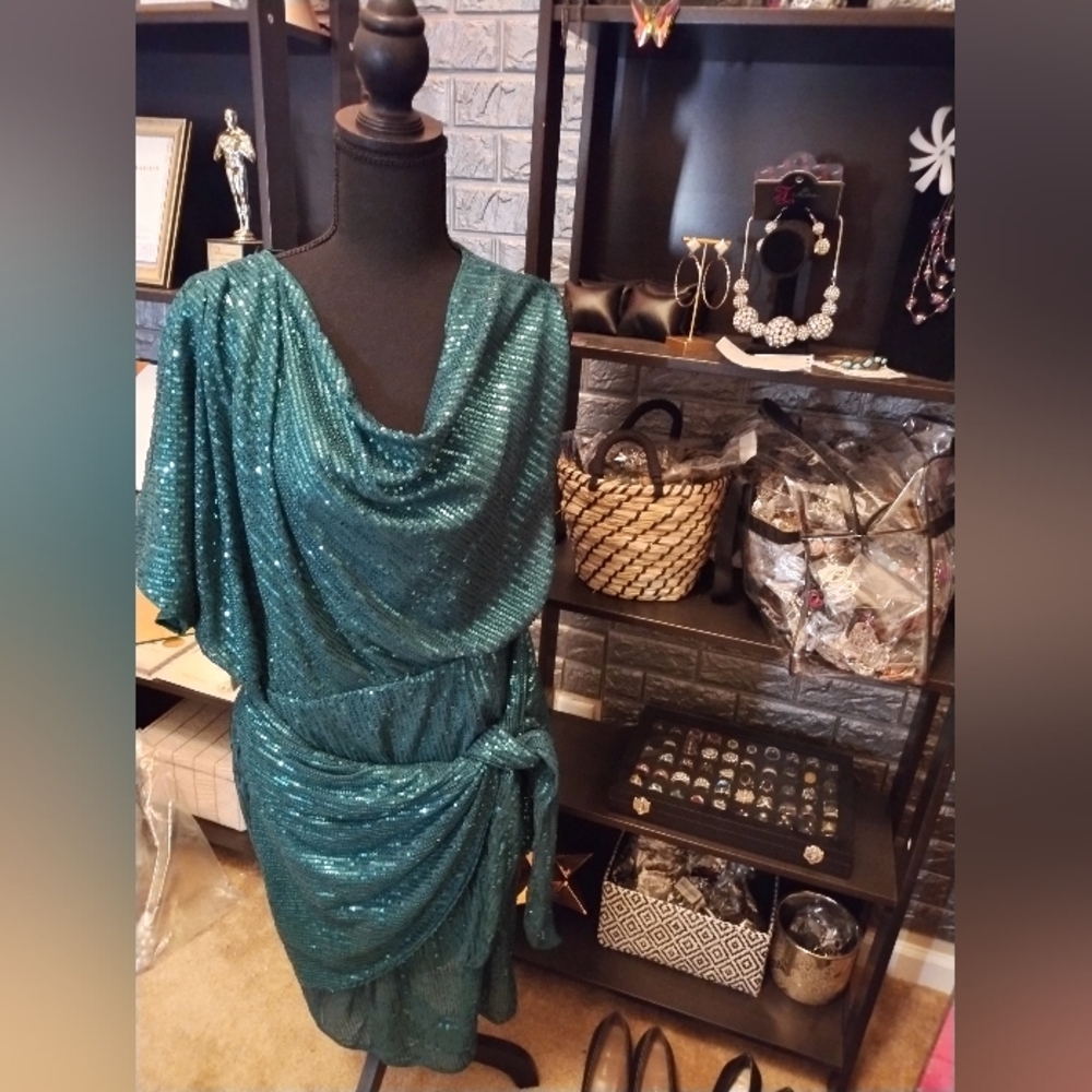 Green Sequin Ruched Asymmetrical Gown Grace Karin